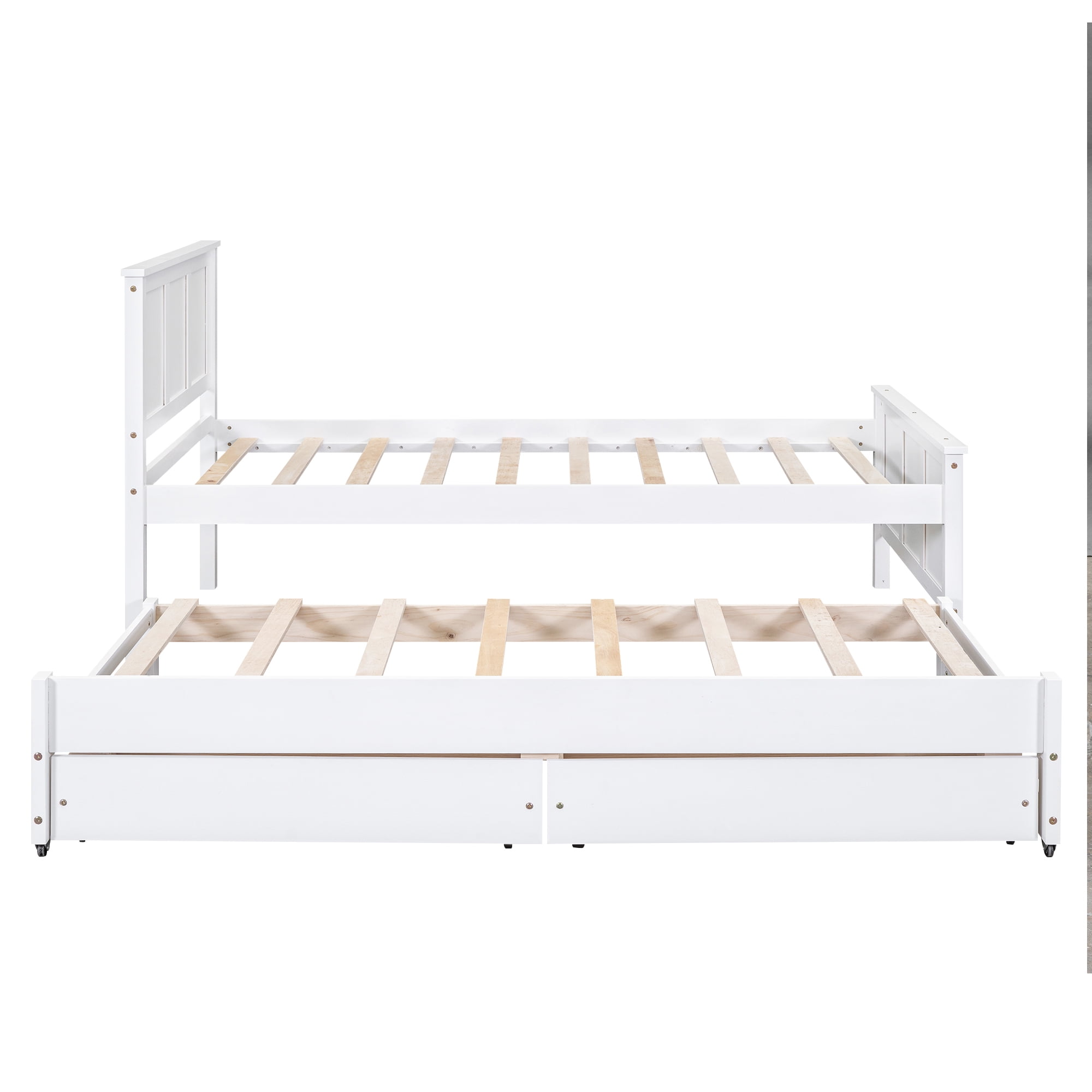 Yoneston Twin Size Platform Bed with Trundle and 2 Drawers, Space-Saving Storage Daybed for Kids Guests, White