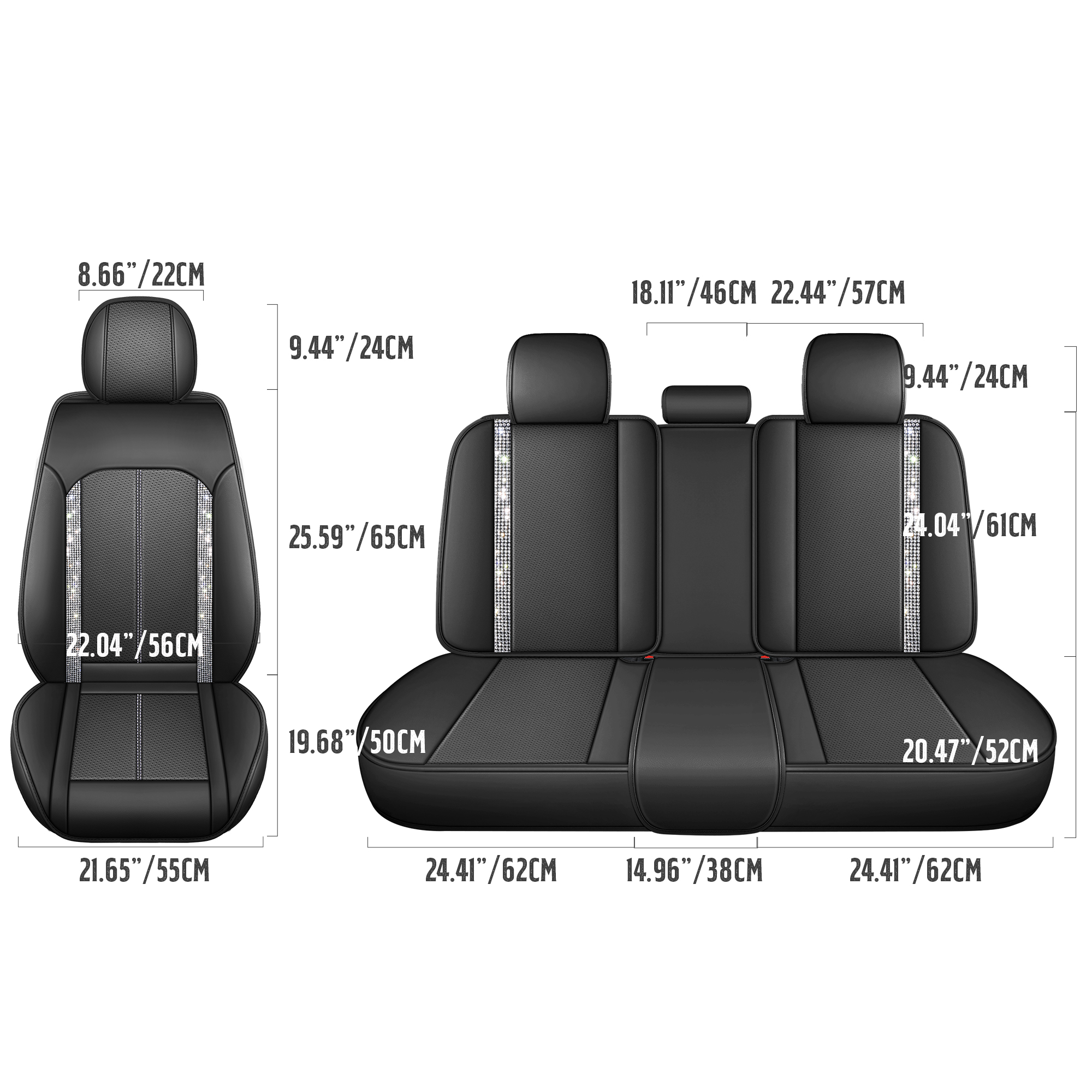 Premium Full Car Seat Covers for 5 Seats with Black Crystal Accents, High-Value Luxury Auto Interior Refresh Kit, Universal Fit for Cars SUVs Trucks