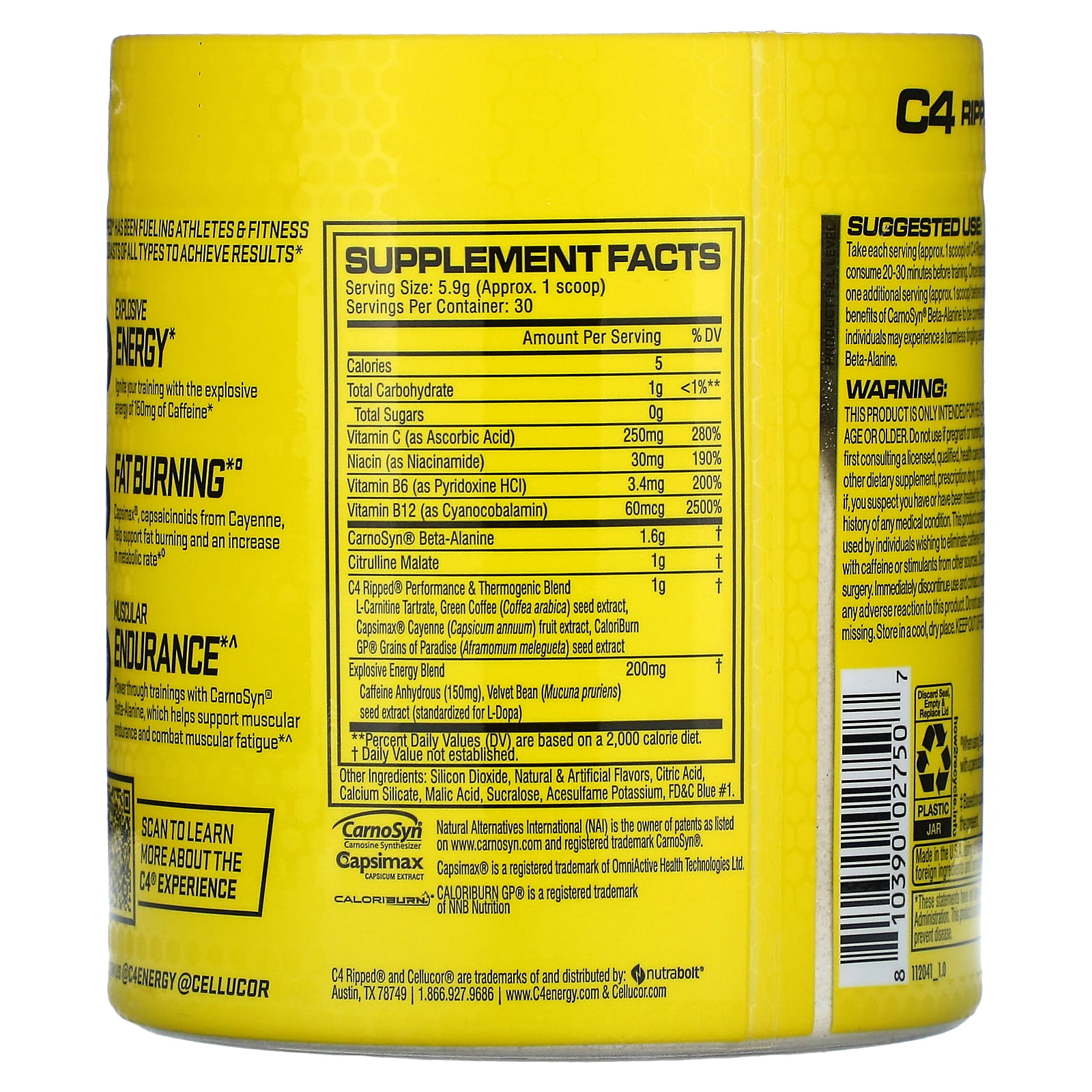 C4 Ripped Pre-Workout Powder, Icy Blue Razz, 30 Servings