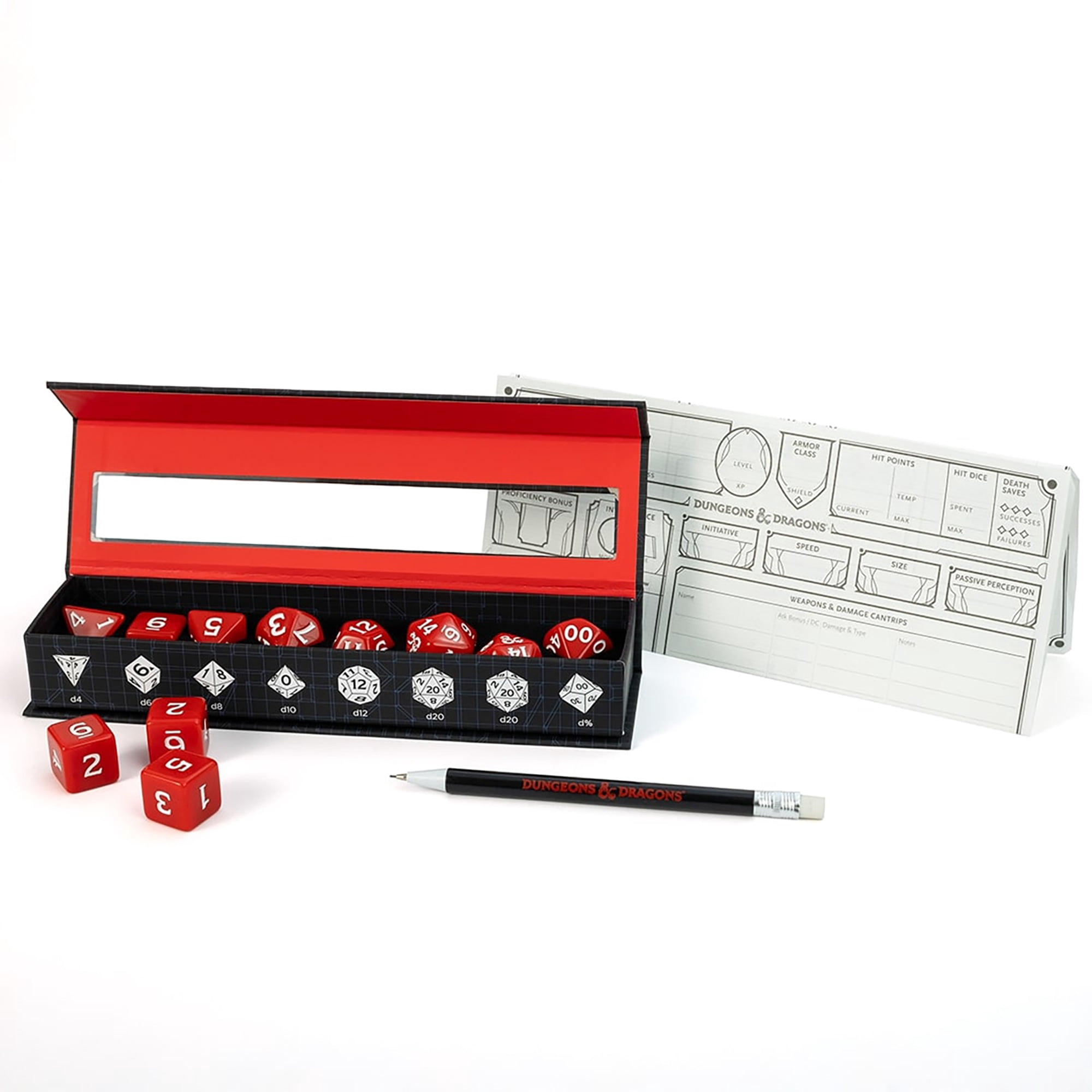 Dungeons & Dragons: D&D New Adventurer Dice Set: Red - 11 Oversized RPG Dice, Magnetic Storage Case, Character Sheet & Pencil, Officially Licensed