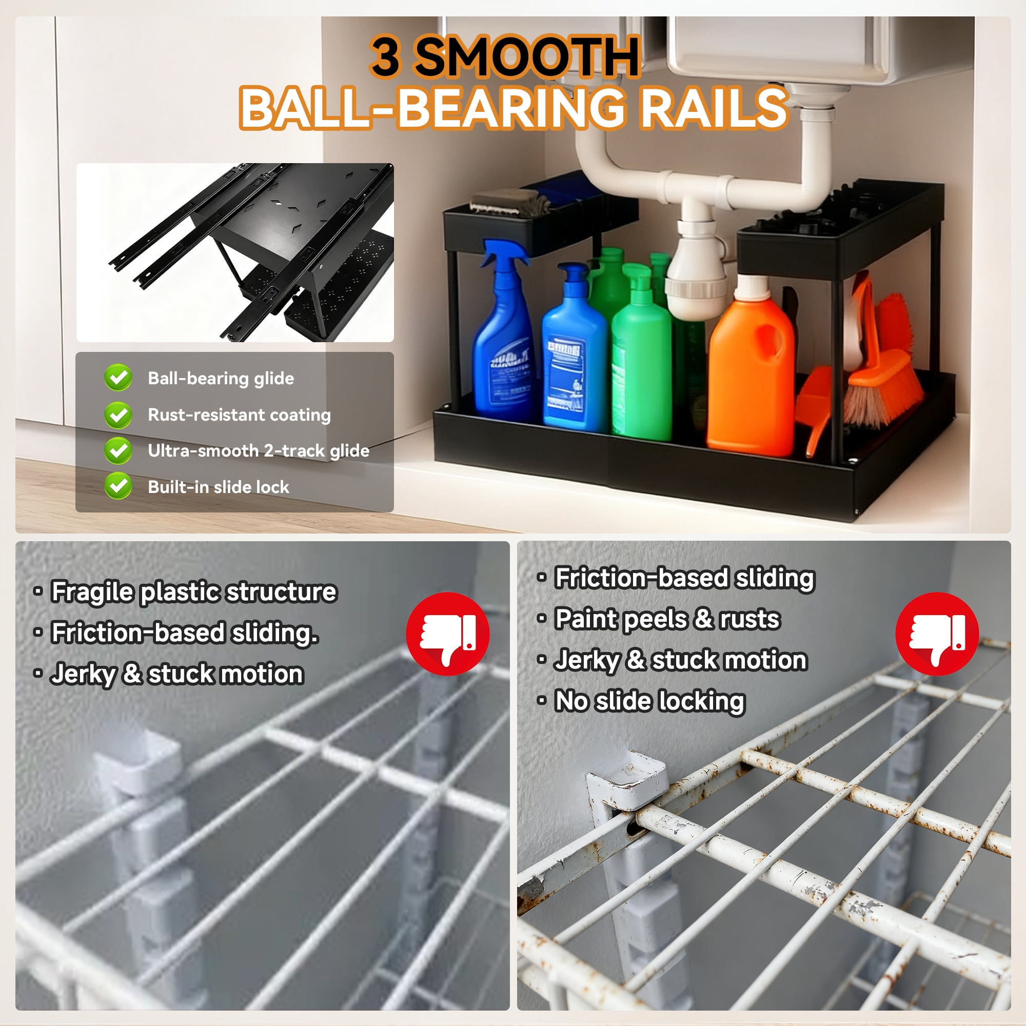 Under Sink Organizer Storage, 2 Tier U-Shape Expandable Multi-Purpose Large Capacity Kitchen Under Sink Organizers for Narrow Space Easy Access Sliding Storage Drawer with Hooks (Black)