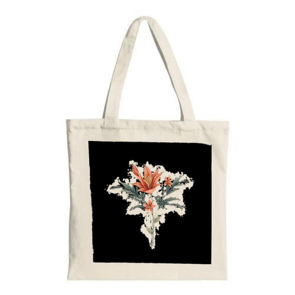 Stylish Canvas Tote Bag with White Background Black Square Design Vibrant Orange Flower & Green Leaves - Perfect for Shopping & Travel