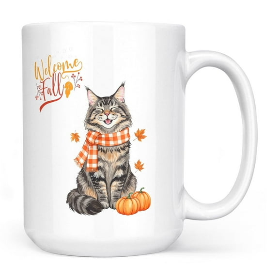 Welcome Fall Maine Coon Cozy Autumn Field Pumpkins Golden Leaves Mug Cat Lover Kitten Owner Gifts Coffee Tea Cup - 12013