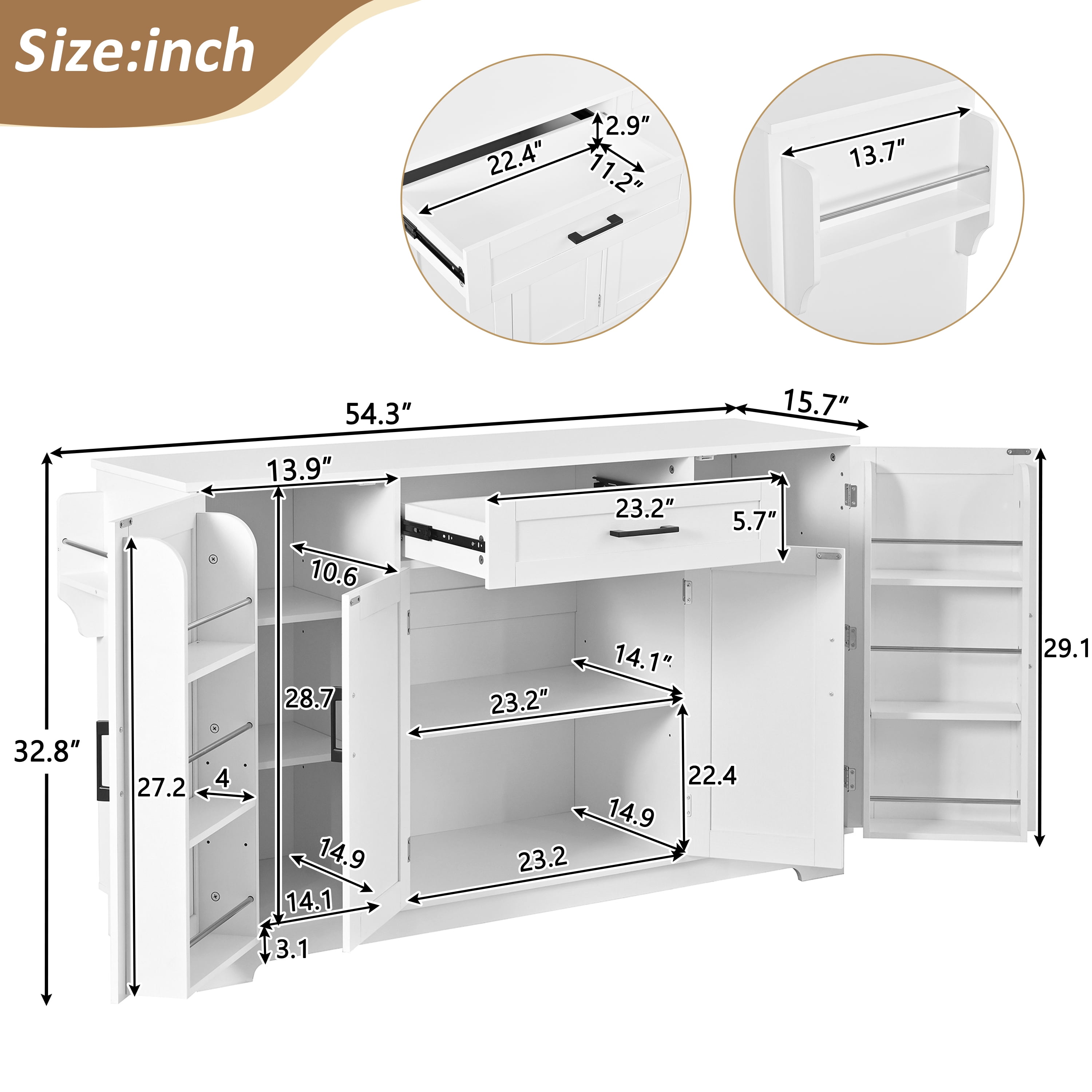 54.3" Sideboard Buffet Cabinet with Storage, 4 Doors & 1 Drawer, Kitchen Storage with Adjustable Shelves, Aluminum Alloy Handles, Side Shelves & Hanging Rod for Dining Room