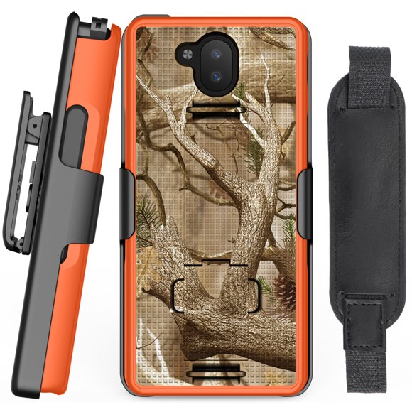 Case + Hand Strap + Belt Clip Combo for Sonim XP10 5G, Nakedcellphone [Hunter Camouflage] Slim Hard Phone Cover with Kickstand and Belt Hip Holster Combo for XP9900 (2022) - Orange Camo
