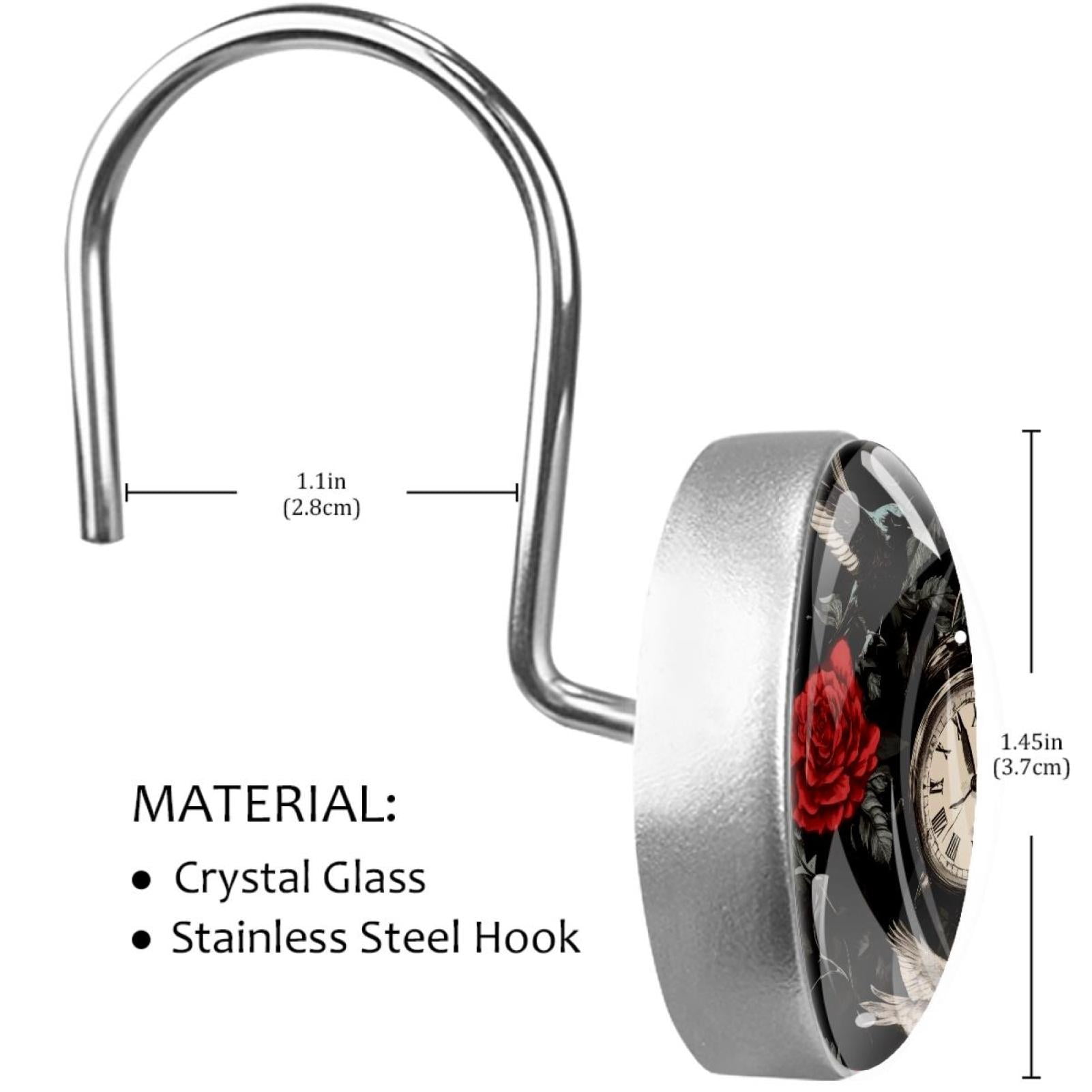 Red Roses Skulls Vintage Clock Shower Curtain Hooks Round Crystal Glass, Set of 12 Shower Curtain Rings - Shower Hooks for Curtain Shower Rings