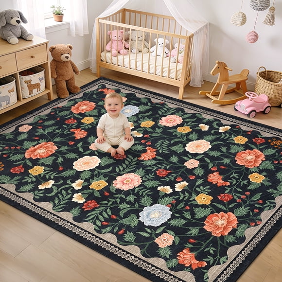 Garvee 8'x10' Vintage Floral Area Rug Living Room Rug, Washable Boho Rugs Non Slip Soft Low Pile Farmhouse Rug Indoor Floor Carpet for Bedroom Dining Room Home Office, Black