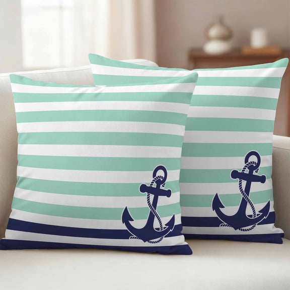 Pack of 2 Outdoor Pillow Covers 20x20 Inch Waterproof Anchor Aqua Throw Pillow Covers,Decorative Couch Pillow Case Sham Modern Navy Blue White Striped Nautical Patio Garden Pillowcases Cushion Covers