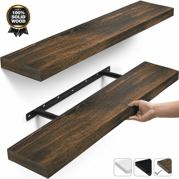 MEHOOM 36" Rustic Solid Wood Floating Shelves for Wall Set of 2, Brown Book Shelves,Wall Shelves for Bathroom,Bedroom,Living Room,Kitchen,Study Room, Kids Room, Farmhouse Decor