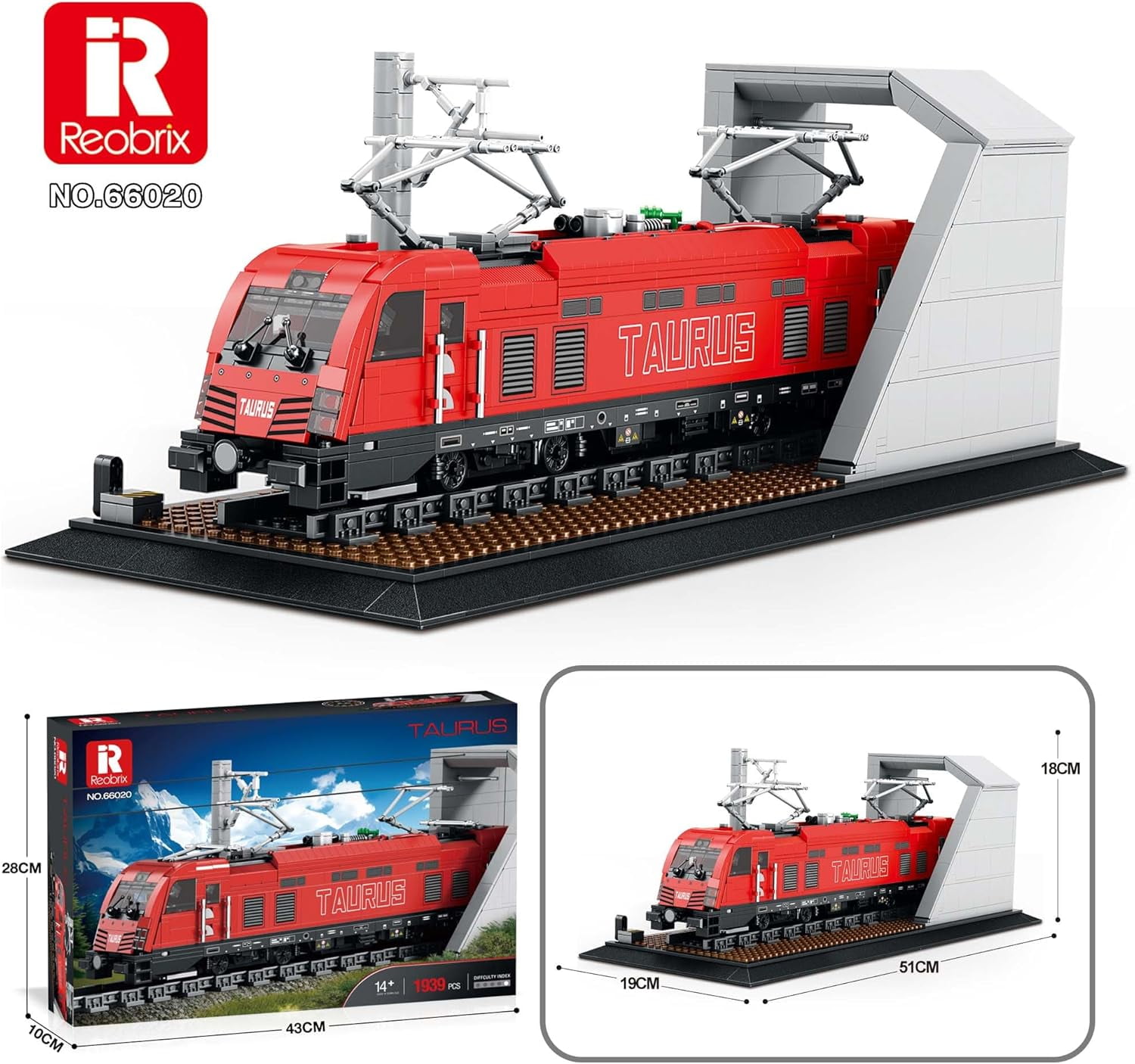 Reobrix 66020 Taurus Locomotive Building Blocks Set, Train Model Building Kit with Train Tracks, Train Toy for Teens 14+ and Adults, 1939 Pieces