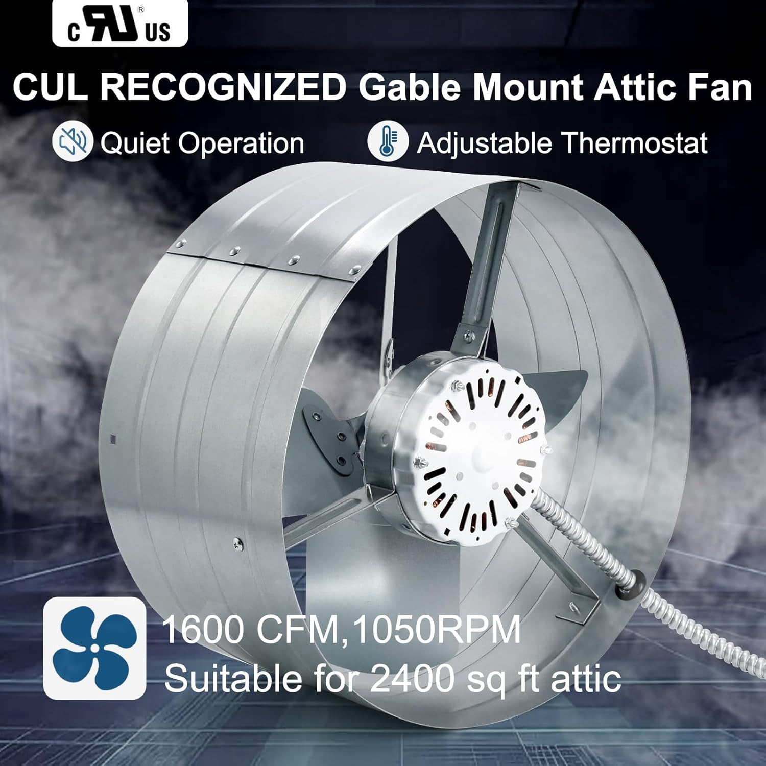 15" Gable Mount Vent Attic Fan,Exhaust Ventilation Fan with Adjustable Thermostat & Remote Control Switch for Gable,Home,Shed,Garage,Portable Building,1600CFM,2400 Sq.Ft Coverage Area.