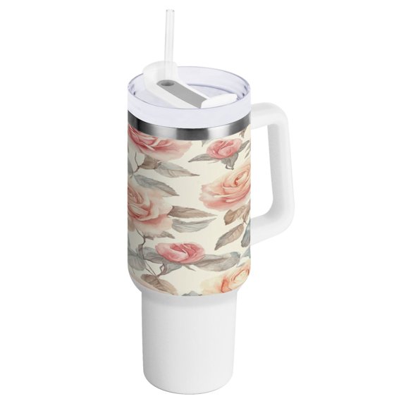 40 Oz Car Handle Water Bottle Water Cup Water Bottle Water Jug Coffee Cup Travel Water Bottle Cartoon Coral Roses