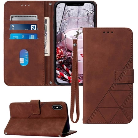 Compatible for iPhone X Case Wallet/iPhone Xs Wallet Case,for iPhone 10 Case,[Kickstand][Wrist Strap][Card Holder Slots] TPU Interior Protective PU Leather Folio Flip Cover (Brown)