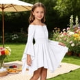 thumbnail image 2 of WAYUTE Toddler Girls Off the Shoulder Dresses High Elastic Waist Long Bell Sleeve Irregular Hem Solid Color Flared Dress Court Style Casual Outdoor,White,Size 8-9 Y, 2 of 7