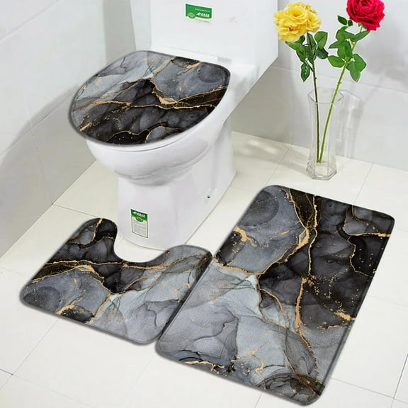 Black Marble Bath Mat Set Gold Grey Textured Abstract Art Pattern Modern Home Bathroom Decor Floor Non-slip Rug Toilet Lid Cover