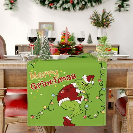 

Yubatuo Linen Grinch Table Runner Merry Grinchmas Tablecloth Winter Xmas Christmas Decorations and Supplies for Home Kitchen Table