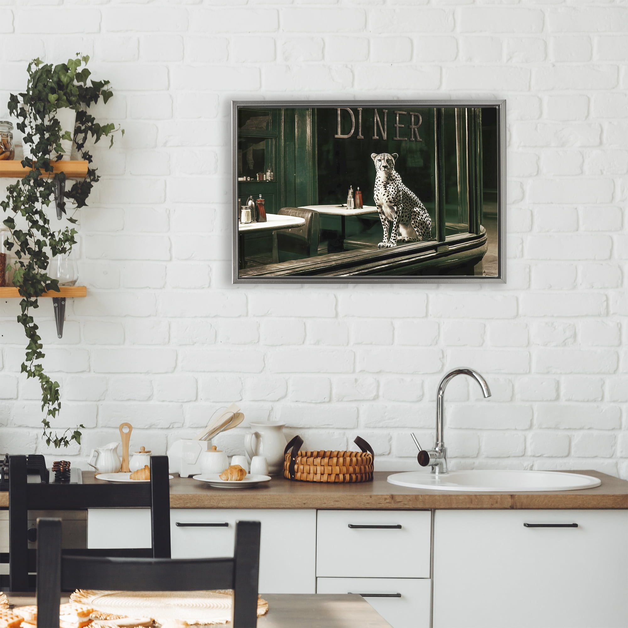 Stupell Industries Diner Sentry Leopard Gray Framed Floater Canvas Wall Art, design by Annabelle Hall