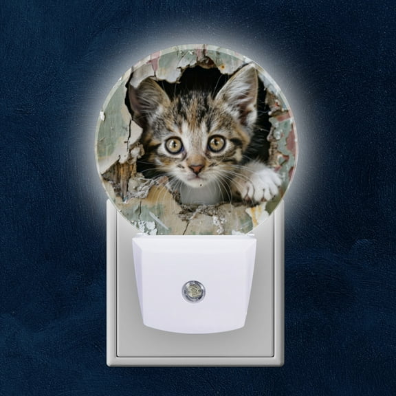Night Light Plug into Wall,Dusk to Dawn Sensor Auto-On/Off for Bathroom, Hallway,Kids Room-Cute Kitten Peeking Out Of Hole In The Old
