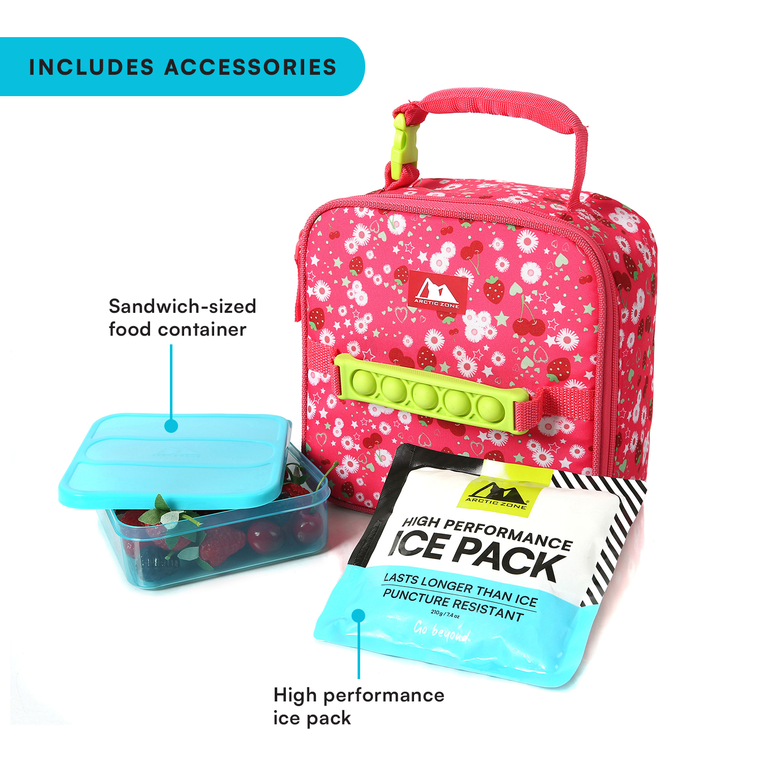 Arctic Zone Push & Pop Lunch Box Combo with Sensory Pop Handle, Ice Pack and Sandwich Container - Very Berry Cherry