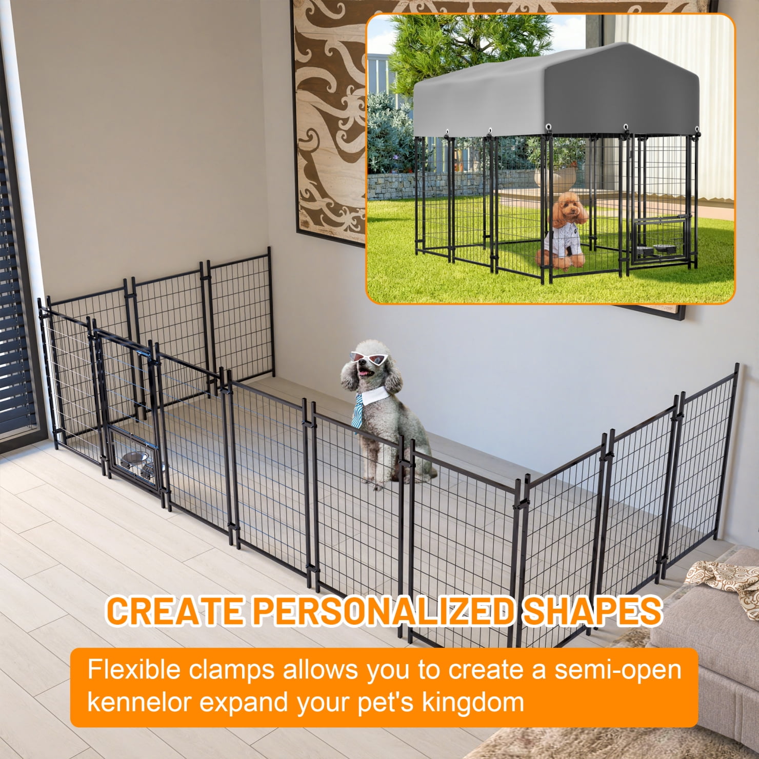 Dog Kennel Outdoor 4.23'x5.82'x4.83', Dog House with Lock, Waterproof Roof and Rotating Feeding Bowl, Pet Enclosures Crate Cage for Small/Medium Dogs
