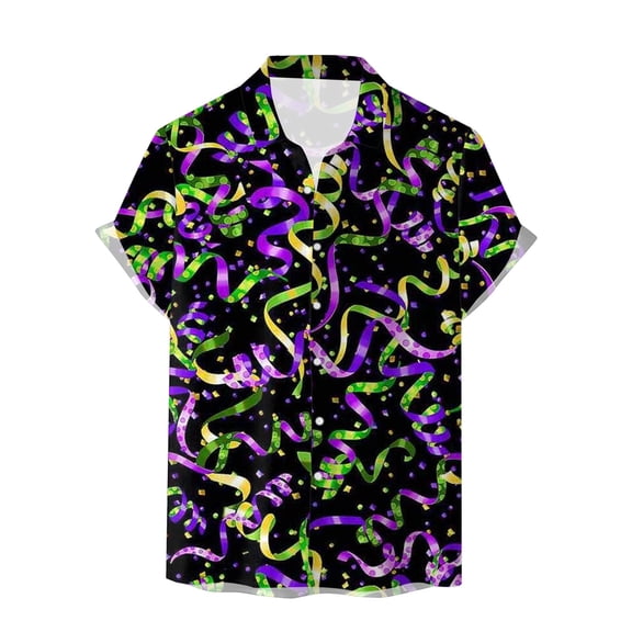 Bainana Men's Carnival Casual Shirts 3D Print Short Sleeve Lapel Collar Tops Comfortable Soft Men Mardi Gras Button Down T-Shirt Black Size L
