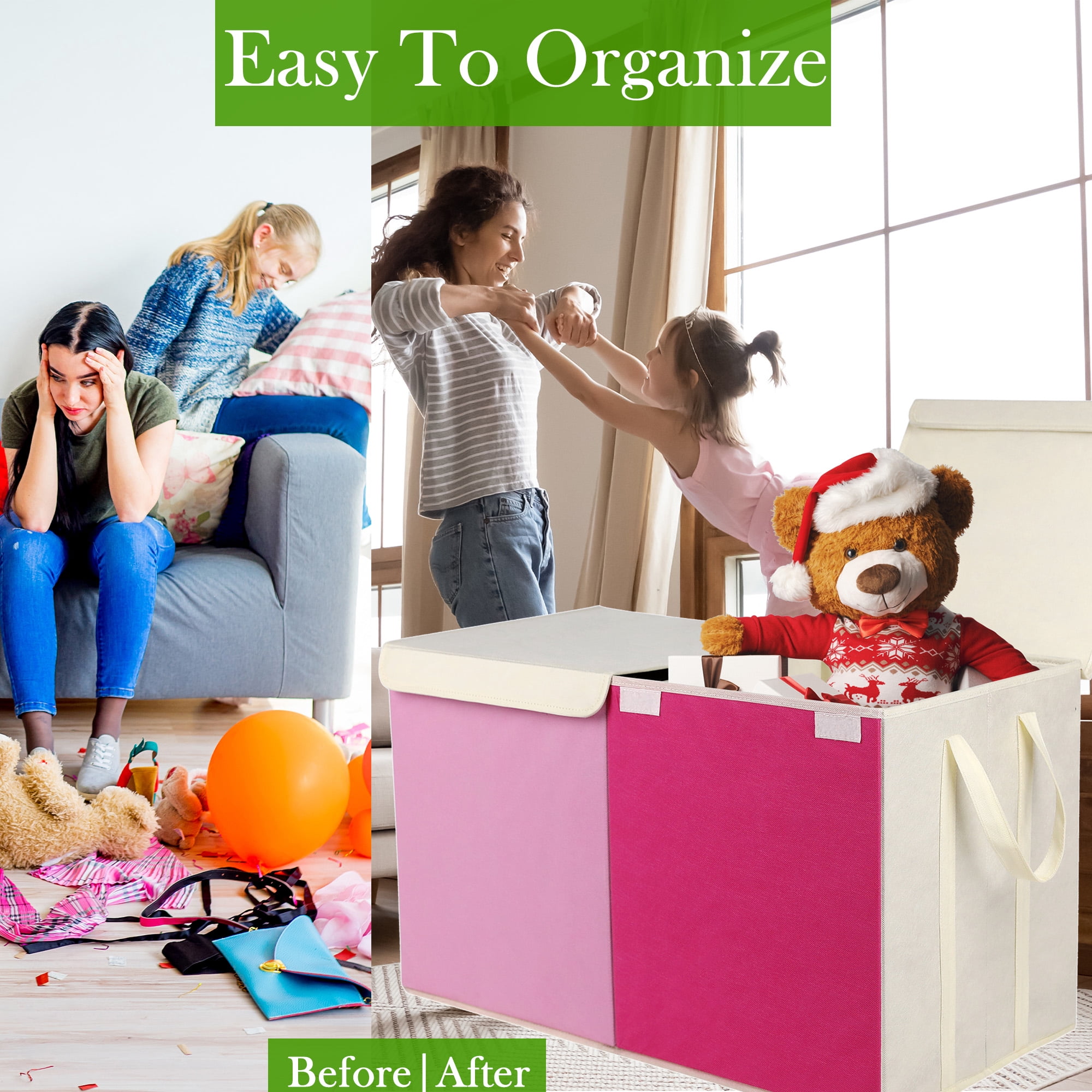 VICTORICH Extra Large Toy Chest for Kids, 32 gal Sturdy Collapsible Toy Box Storage Bins with Lids for Playroom, Pink