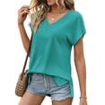 thumbnail image 3 of MOSHU V Neck T-Shirts for Womens Side Split Short Sleeve Shirts Loose Fit Tee Dressy Casual Women Tops, 3 of 12