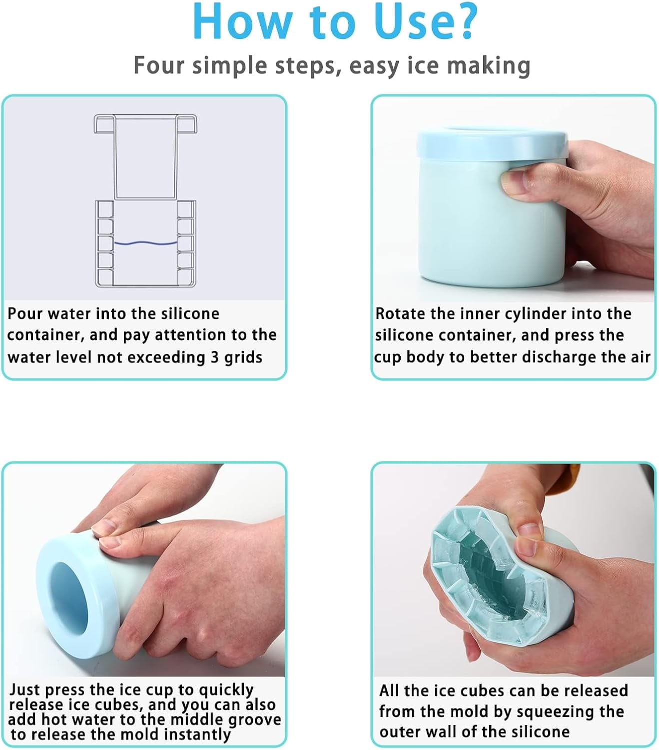 BYXAS Ice Cube Trays 4 PCS,Silicone Ice Cube Molds, Crushed Ice Maker Cup,Cylinder Ice Cube Maker Cup,Easy Release Ice Cup,Holds to 60 Ice Cubes Portable Ice Bucket Mold(Blue)