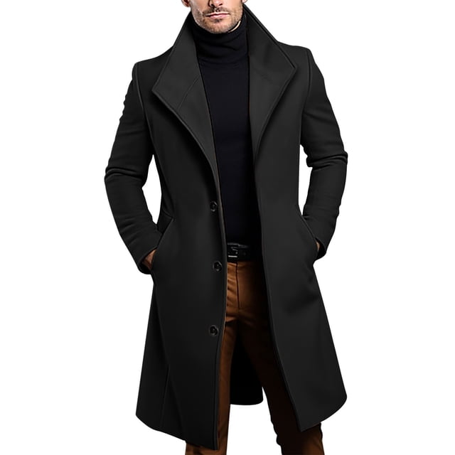 aohooy Mens Wool Blend Trench Coat Mid Long Single Breasted Lapel Pea Coats Winter Business Casual Overcoats with Pockets Black,M