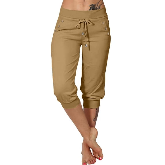 TQWQT Khaki Capri Pants for Women Trendy Summer Capris Knee Length Elastic Waist Pedal Pushers Dressy Casual Capri Cropped Trouser with Pockets Khaki XL