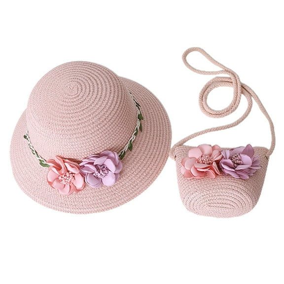 56-58cm hat circumference women's sunscreen beach sunshade straw hat summer sun hat and straw bag set - pink