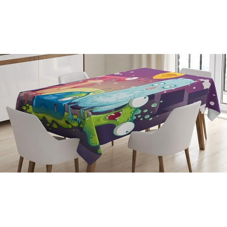

Alien Tablecloth Funky and Happy Monsters Illustration on a Abstract Galactic Landscape Rectangular Table Cover for Dining Room Kitchen 60 X 84 Purple and Multicolor by Ambesonne
