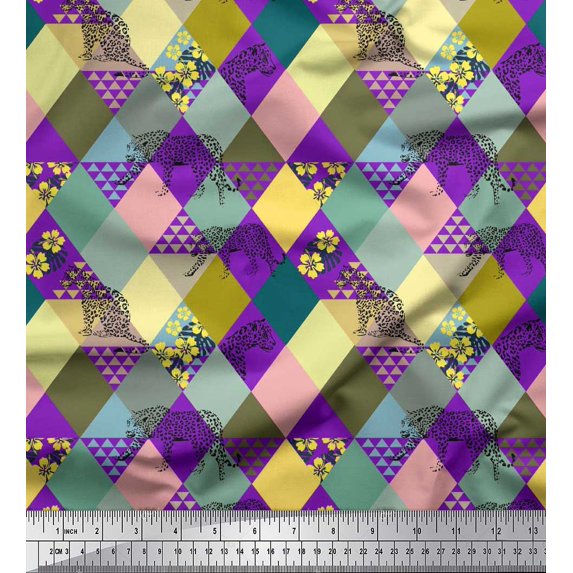 Soimoi Moss Georgette Fabric Leopard & Argyle Patchwork Print Fabric by The Yard 42 Inch Wide