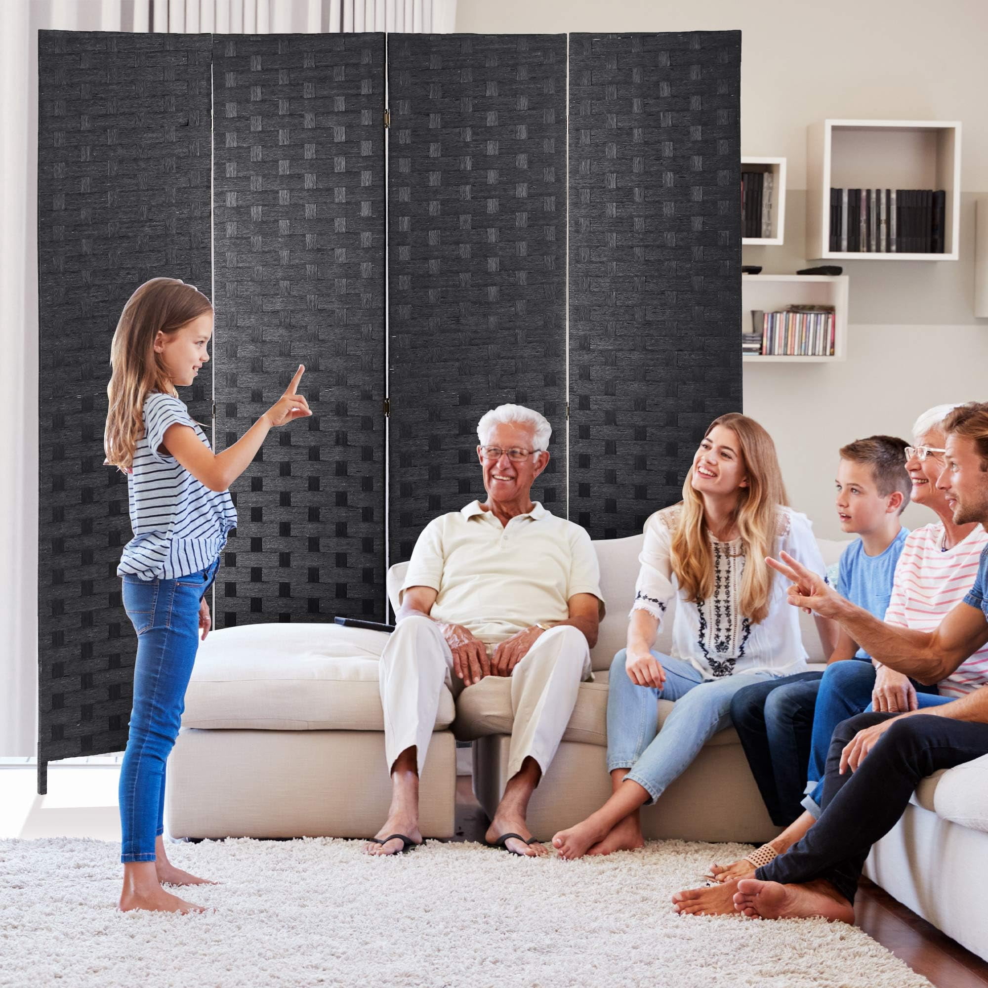 CL.HPAHKL Room Separators Divider Wall, 4 Panel Room Divider 6 ft Folding Screen with Double Hinged Panels Mesh Hand-Woven Design Room Partitions and Dividers for Home Office Bedroom, Balck