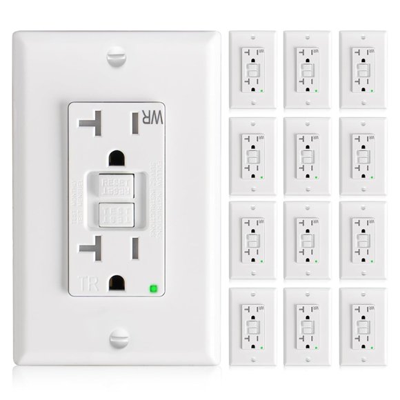 GFCI Outlet 20 Amp with Thinner Design 12 Pack, Weather Resistant (WR), Self-Test GFI Receptacles with LED Indicator, Wall Plates and Screws Included, Indoor or Outdoor, ETL Listed, White