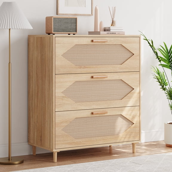 Dresser for Bedroom with 3 Drawers, Rattan Modern Closet Dressers Chest of Drawers, Modern Wooden Storage Cabinet for Bedrooms, Hallways, Living Rooms, and Entryways, Easy Assemble