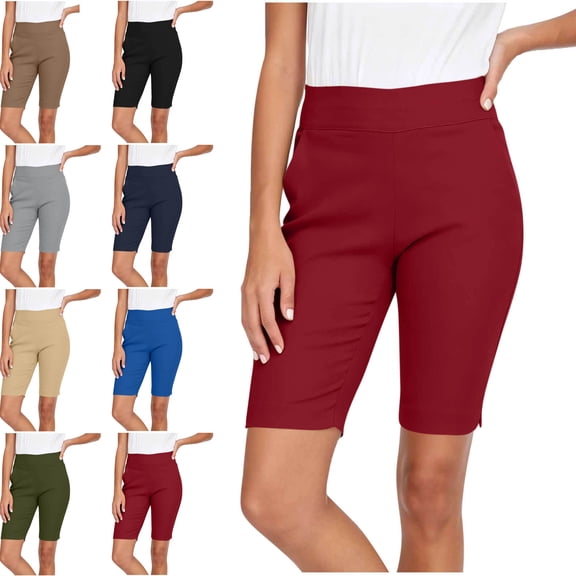 MLCDZ Bermuda Shorts for Women Elastic High Waist Pull On Stretch Jeggings Knee Length Side Slit Short Pants with Multiple Pockets