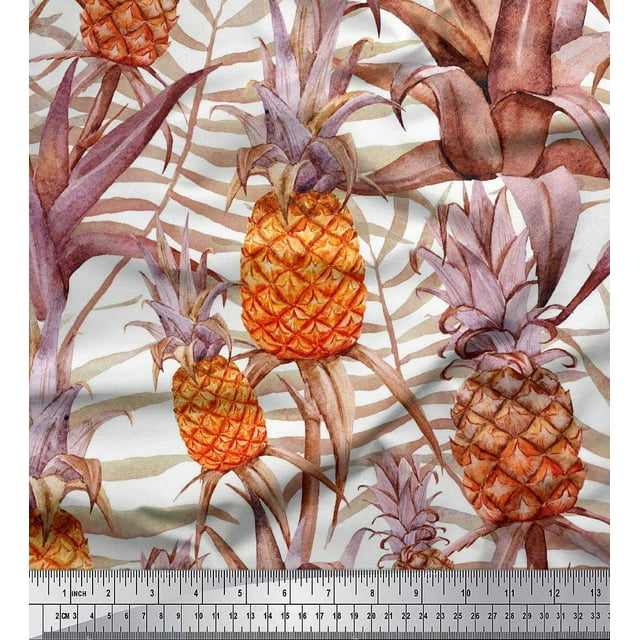 Soimoi Polyester Crepe Fabric Leaves & Pine Fruits Fabric Prints by Yard 52 Inch Wide