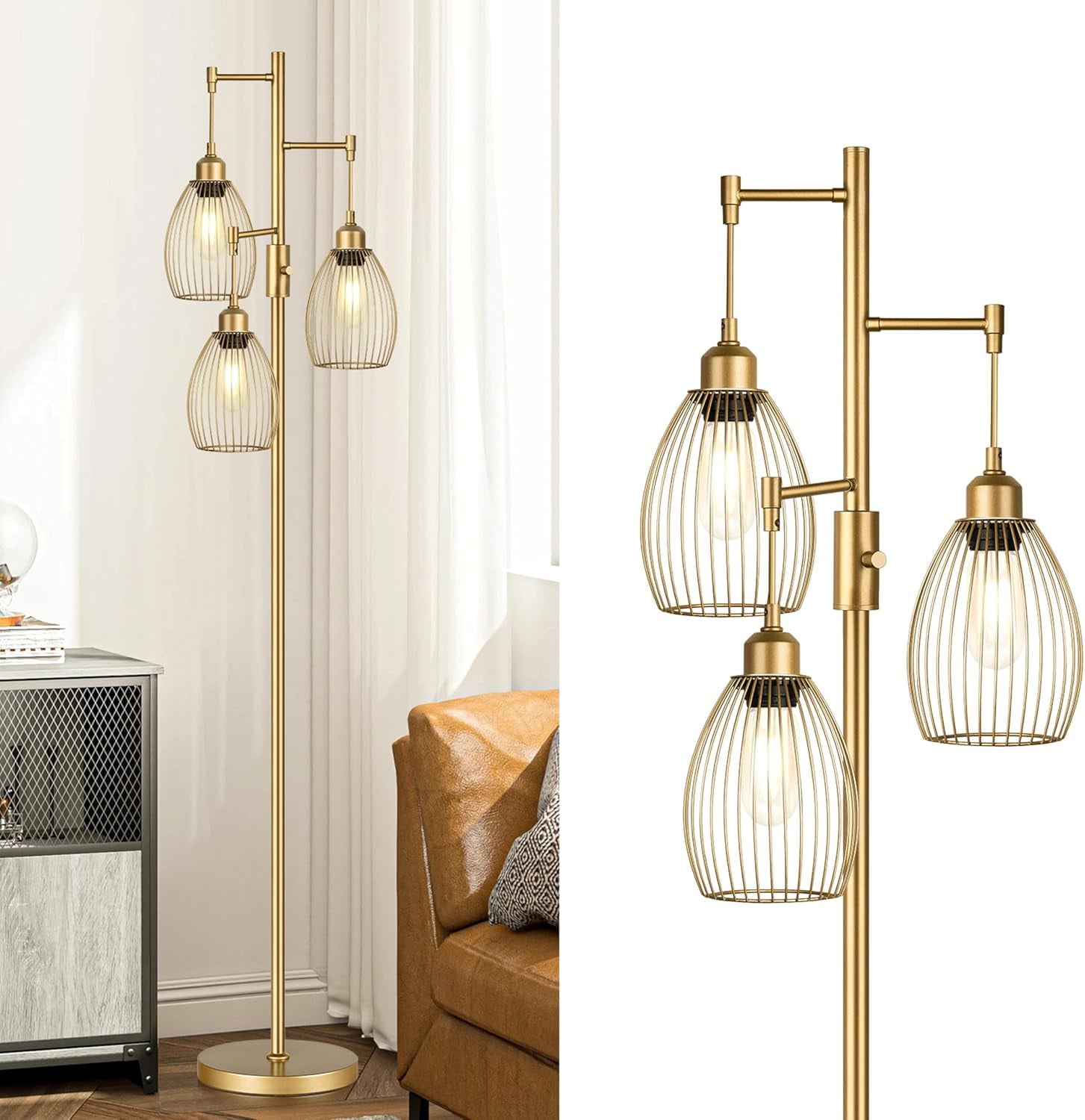 Dimmable Floor Lamps for Living Room, Industrial Standing Lamp with Marble Base, Gold Tree Tall Pole Light with 3 Elegant Teardrop Cage Head & 800 Lumens LED Bulbs for Bedroom Office