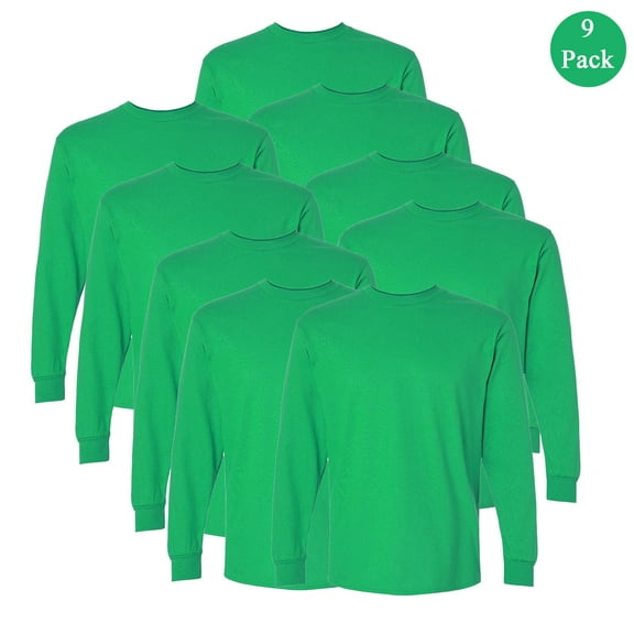 Gildan Ultra Cotton Men's Long Sleeve T-Shirt, Crew Neck Casual Bulk Tee, Irish Green, 9-Pack, S
