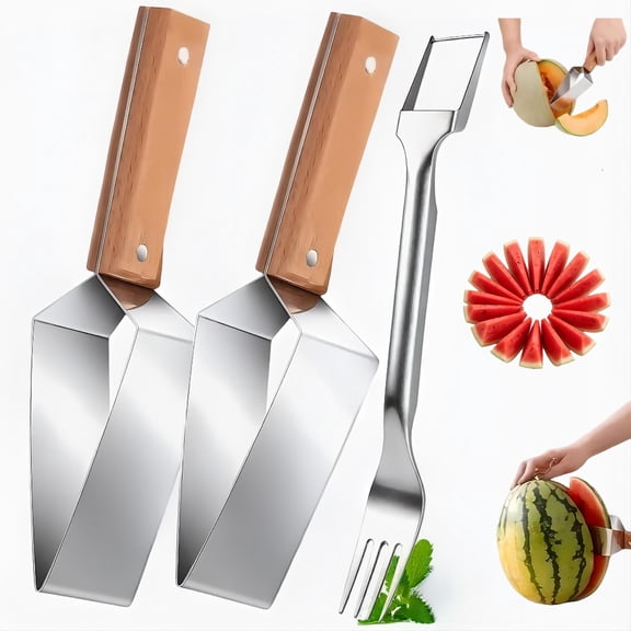 Triangle Watermelon Cutter, Stainless Steel Watermelon Slicer, Portable Watermelon Cutter Slicer Tool with Wooden Handle, FruitCutter Kitchen Gadgets for Watermelon Melon Cantaloupe Apple (3 PCS)