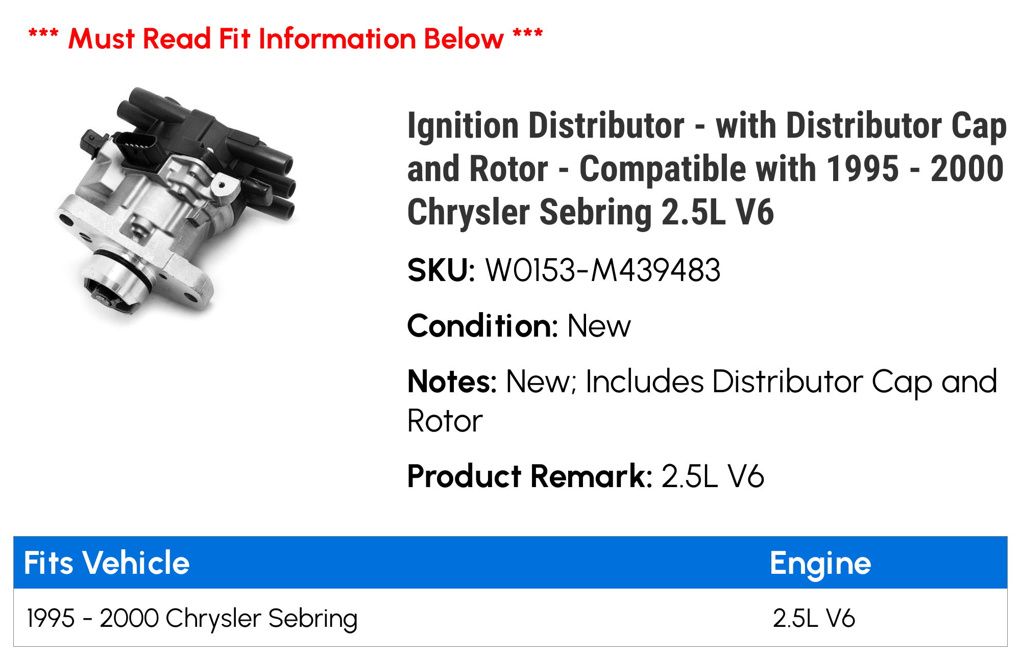 Ignition Distributor - with Distributor Cap and Rotor - Compatible with 1995 - 2000 Chrysler Sebring 2.5L V6 1996 1997 1998 1999