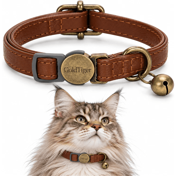 GoldTiger Vintage Style Leather Breakaway Cat Collar - Adjustable, Durable, Retro Bell - Suitable for All Types of Cats and Small Dogs