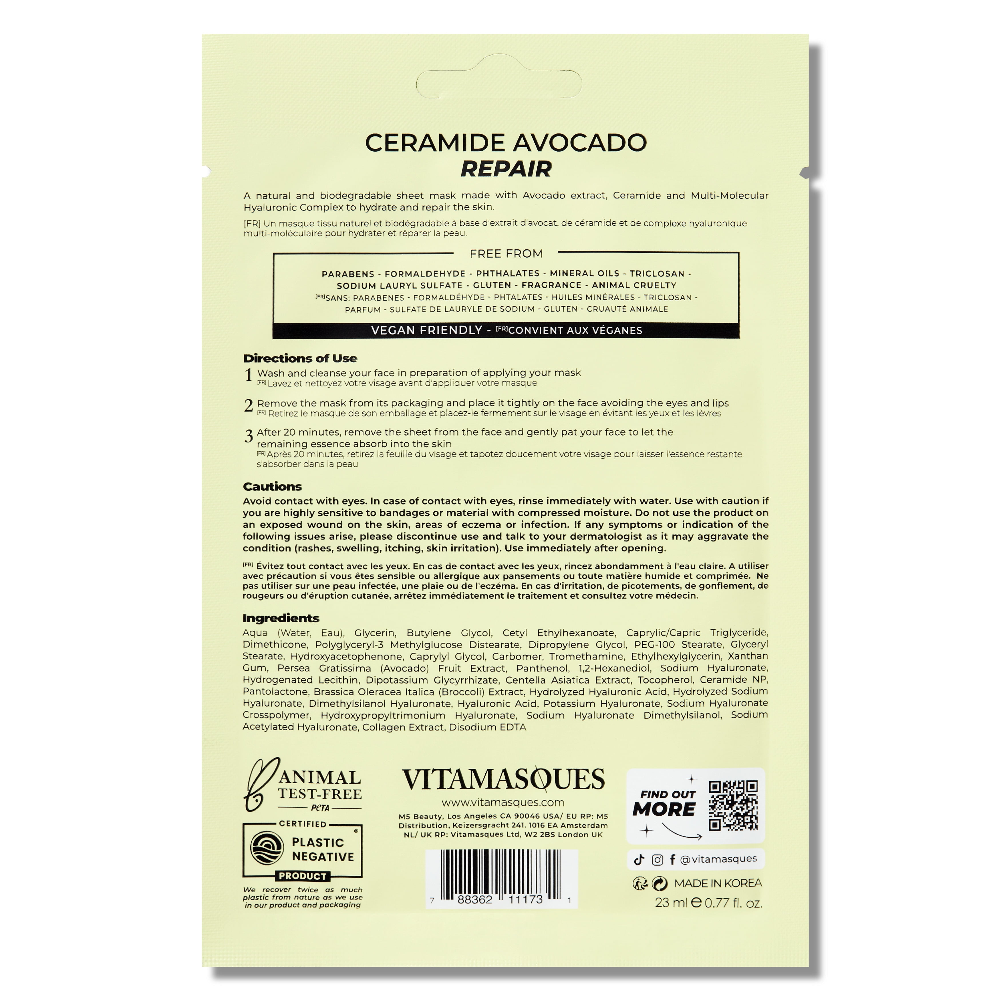 Vitamasques Ceramide Avocado Repair Sheet Mask, For All Skin Types, One Sheet Mask