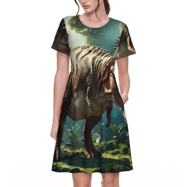 Easygdp Green Forest Dinosaur para Vestido Transpirable de Mujer, Vestido Suelto de Manga Corta con Pliegues y Bolsillos para el Verano