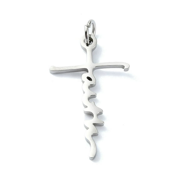 50pcs Non-Tarnish 304 Stainless Steel Pendants with Jump Rings Laser Cut Cross with Word Faith Charm Stainless Steel color 24.5x14.5x1mm Hole: 3mm