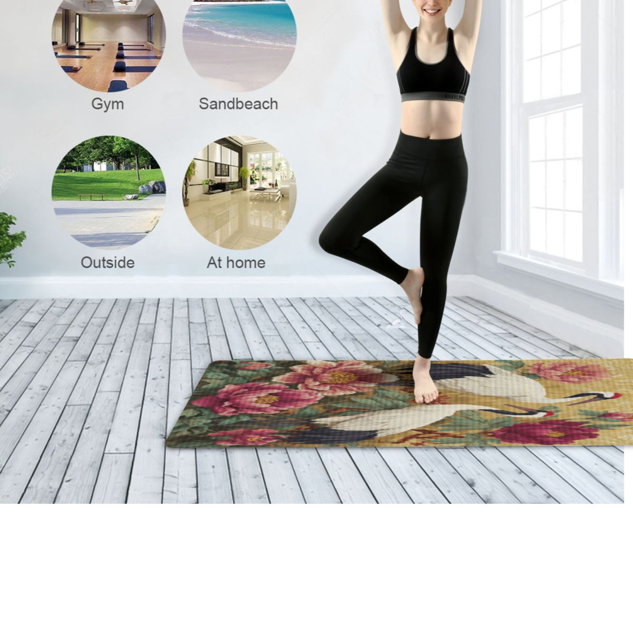 BZSMCE Yoga Mat Women Fitness Mat Elegant Cranes Amid Peony Splendor Pattern