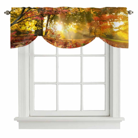 Orange Autumn Leaves Tie Up Valance Curtains for Windows, Kitchen Curtains Window Treatments, Fall Trees Forest Country Rustic Short Window Shades Valances for Bedroom Bathroom Cafe 54"x18"