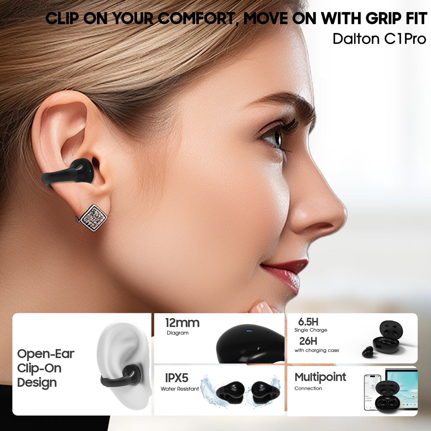 C1Pro Ear Clip Earbuds Clip On Ear Buds Wireless Bluetooth Earbuds Freeclip Bluetooth Headphones Open On Earring Cuff Earbud Earrings Clips Free Bud For Ears Glasses Living Need Open-Ear Comfort