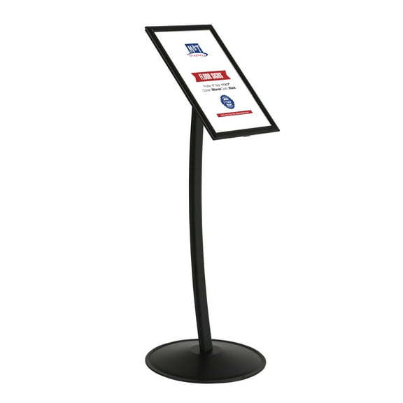 M&T Displays Simplistic Curved Menu Board 11x17 inch Black Pedestal Sign Holder Floor Standing Aluminum Front Loading Easy Open Poster Advertisement Sign Holder for Restaurant Cafe Hotel